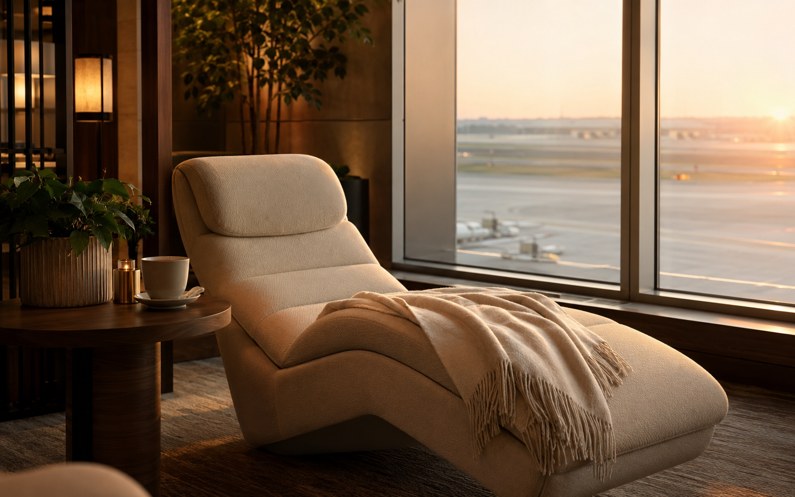 Plush lounge chair with tea in a calm premium airport lounge