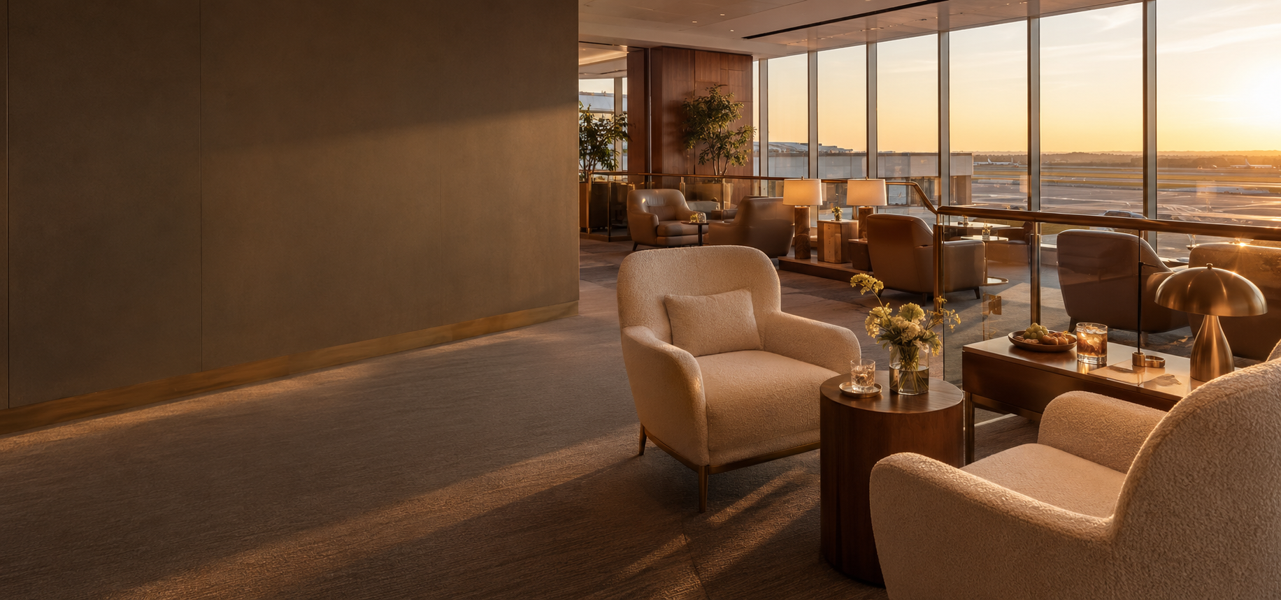 Bright luxurious airport lounge with warm seating and runway views